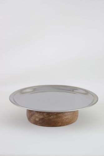 & Ahşap Tabanlı Metal 18 Cm Yuvarlak Servis/Sunum Tabak Dekoratif Stand