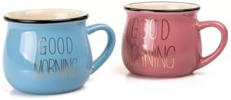 2'Li Görünümlü Porselen Kupa Seti Good Morning Yazılı 150 Ml,Pembe & Mavi