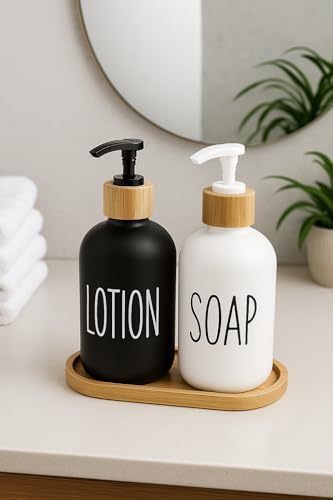 2’li Cam Sıvı Sabunluk ve Losyonluk Seti | 500 ml Siyah & Beyaz Boyalı Cam | Bambu Kapak ve Ahşap Altlıklı Banyo Seti | Şık ve Dayanıklı Tasarım