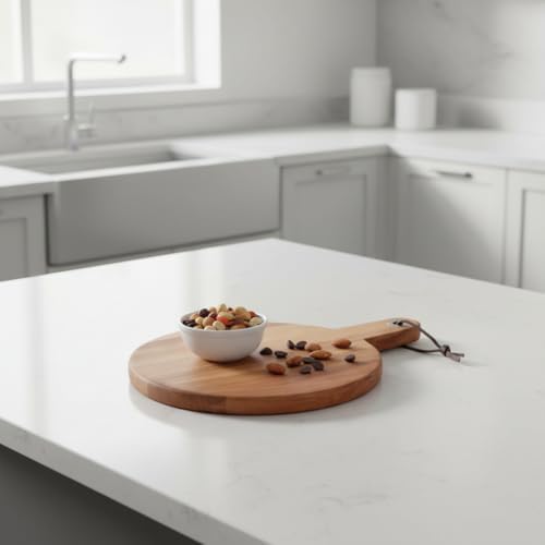 Akasya Ahşap Yuvarlak Sunum Tabağı (20x30 cm) | Doğal Saplı Peynir, Şarküteri, Pizza ve Meze Servis Tahtası | Küçük Boy Modern Ahşap Sunumluk (1.2 cm Kalınlık)