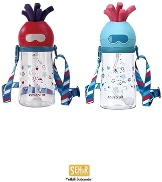 320ml Pipetli Eğlenceli Desenli Akıllı Pipet Toplu Askılı Tritan Su Matarası (Kırmızı)