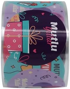 , hazır al hızlı al Mutlu Yıllar Etiketi 5cm Çapında 500 Adet, Doğum Günü, Yılbaşı Gecesi ve Nice Yaşlar İçin Kuşe Etiket