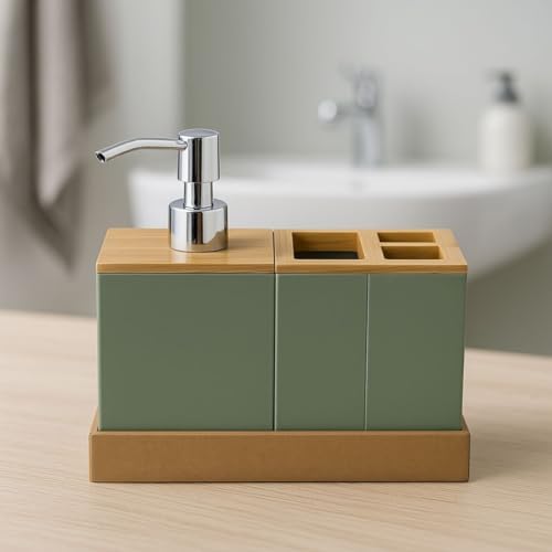 Bambu Kapaklı Yeşil Banyo Seti – Sıvı Sabunluk, Diş Fırçalık, Çok Gözlü Organizer ve Düzenleyici