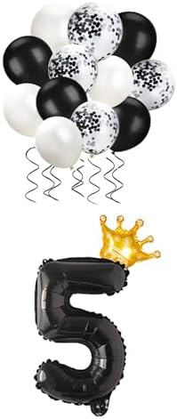 5 Rakam Siyah Folyo Balon, Kral Tacı Ve Konfetili Siyah Balon Set