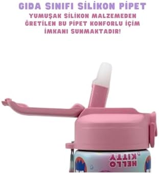 600ml Hello - & Temalı Lisanslı Pipetli Kilitli Kapak Paslanmaz Çelik Termos Matara