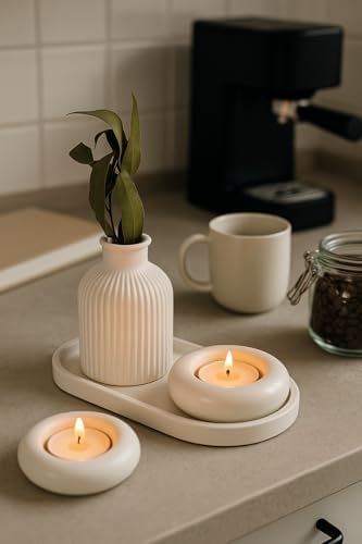 Beyaz Seramik Vazo, Tealight Mumluk ve Dekoratif Tepsi Seti - Beyaz Minimal Tasarım
