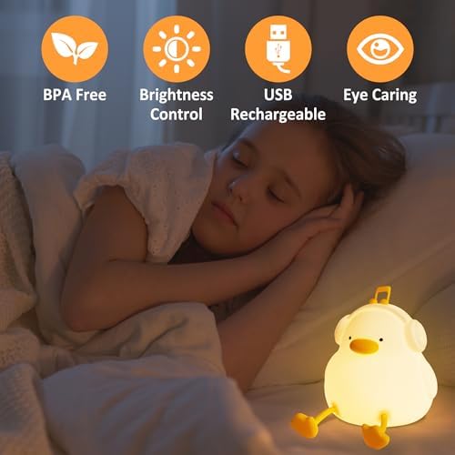 Ördek gece lambası, kulaklıklı sevimli ördek lambası, yatak odası için mükemmel silikon gece lambası, kısılabilir zamanlayıcılı müzik dekoru, şarj edilebilir, bebekler, kız çocukları için doğum günü,