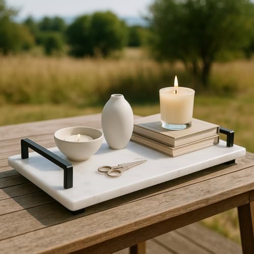 veya Siyah Metal Saplı Mermer Sunum Tepsisi – 40x15 cm Dikdörtgen Servis Tepsisi, Şık Sofra, Kahve, Peynir ve Tatlı Sunumları İçin (siyah)