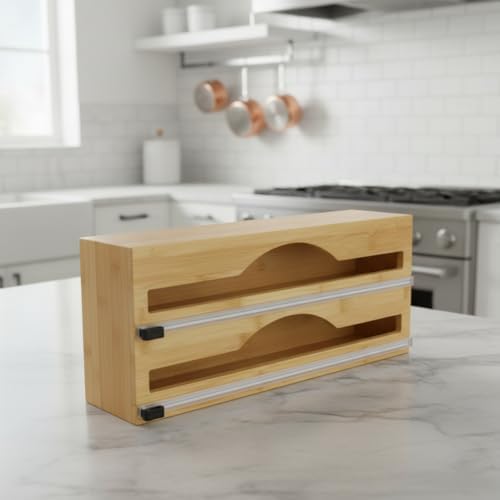 Bambu Streç Film ve Folyo Düzenleyici, Kaydırılabilir Kesicili, 2'si 1 Arada Mutfak Çekmece İçi ve Tezgah Üstü Organizer, Alüminyum Folyo ve Yağlı Kağıt Kesici Saklama Kutusu (35,5 cm)