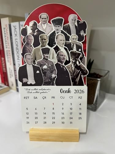 2026 Atatürk Takvimi, Atatürk Temalı, Masa Üstü Ahşap Standlı, Türk Bayrağı Tasarımlı,
