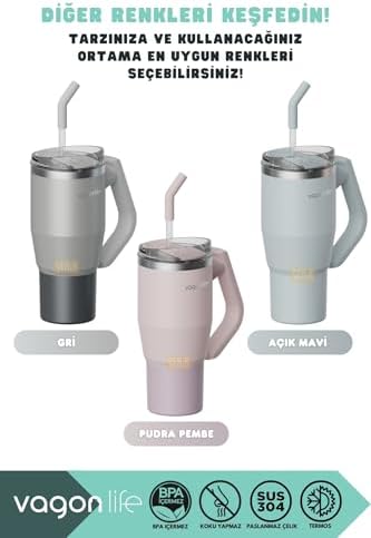 Tumbler 950ml Pipetli/Pipetsiz Kullanım Fonksiyonel Kulplu Paslanmaz Çelik Termos (Açık Mavi)