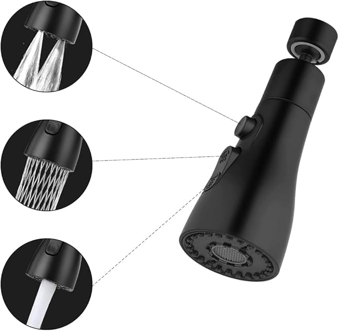 Musluk, yedek duş başlığı, 360° döndürülebilir, 3 mod, döndürülebilir musluk, başlık, mutfak armatürü, adaptörlü, FM22 mutfak armatürü, püskürtme başlığı (siyah)