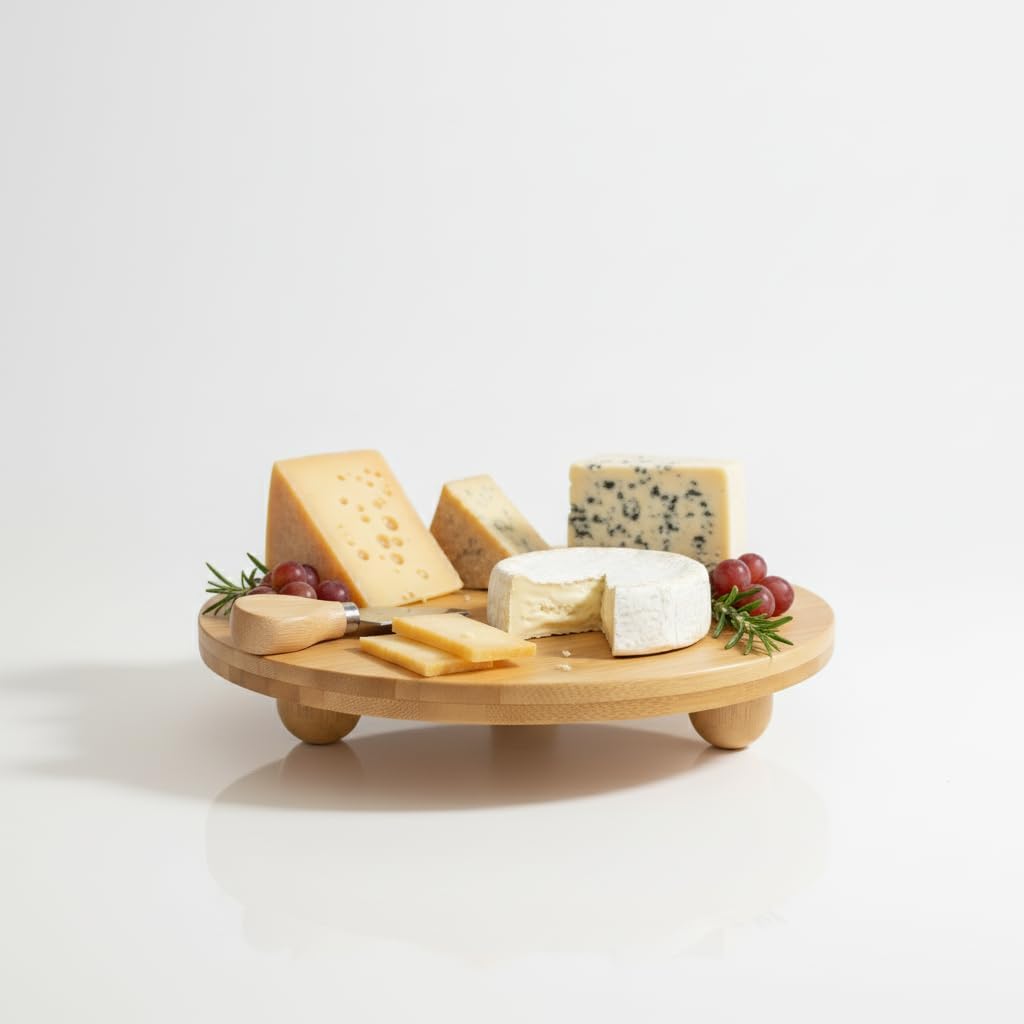 Bambu Top Ayaklı Yuvarlak Sunumluk – 25cm Çap Seçenekli Doğal Ahşap Servis Tabağı | Peynir, Meze, Kek Standı, Kahvaltı ve Charcuterie Board | Yükseltilmiş Masaüstü Tepsi (25 CM)