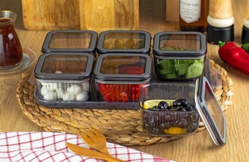 Tepsili Lüx 6 Bölmeli 13 Parça Kahvaltılık Seti - Vakum Kapaklı Krital Kahvaltı ve Çerez Sunum Takımı