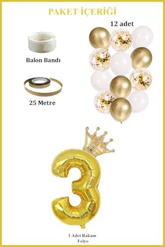 3 Rakam Folyo Balon, Kral Tacı Ve Konfetili Balon