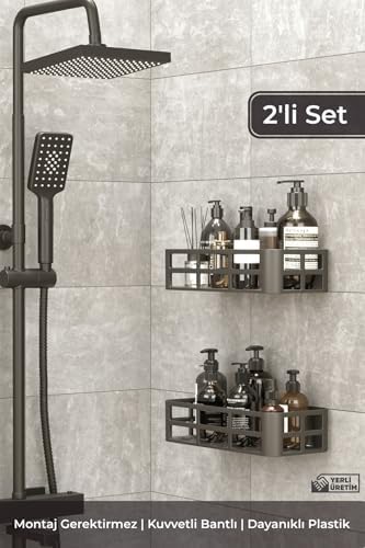 2'li Banyo Rafı Seti,, Yapışkanlı Montaj, Dayanıklı Plastik, Şampuanlık ve Sabunluk, Duş Organizatörü