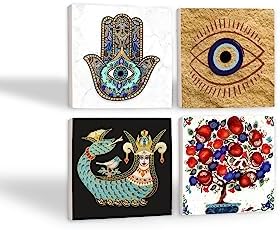 Nazar, Şahmeran, Nar Ağacı, Fatma Ana Eli  Taş Bardak Altlığı Seti - 4 Parça - Dekoratif, Rustik Mutfak Aksesuarı, 10x10 cm, Kaydırmaz Tabanlı, Şık ve Dayanıklı SC506