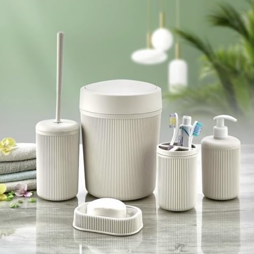 5’li Banyo Seti – Beyaz Renk, Modern Çizgili Tasarım, Dayanıklı Plastik