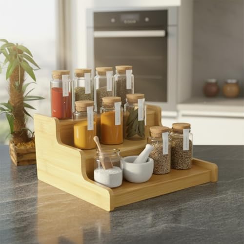 3 Katlı Doğal Bambu Baharatlık Rafı | Çok Amaçlı Mutfak ve Banyo Düzenleyici | Merdiven Tipi Tezgah Üstü Organizer | 24x22x11 cm