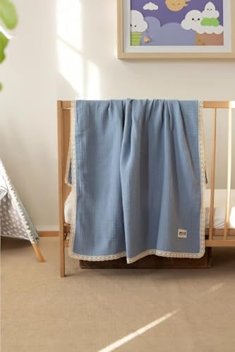 Pamuklu 4 Katlı Müslin Bebek Battaniyesi, Mavi, 90x110 cm, Antibakteriyel, Dantelli, Düz Desen