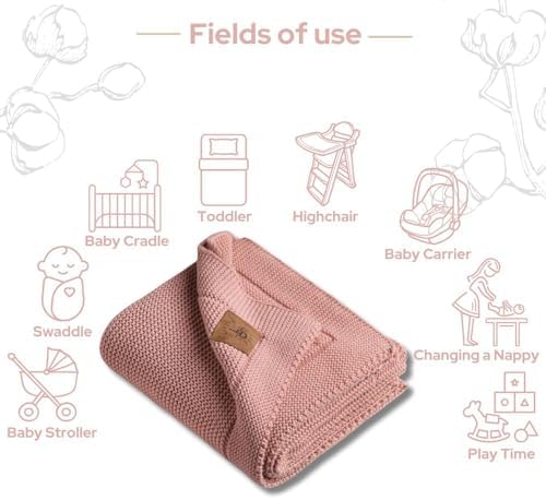 Dedi Alina%100 Organik Pamuklu Bebek Battaniyesi Kızlar/Erkek Çocuklar için 80x100 cm - Kundak ve Bebek Battaniyesi, Yumuşak Hafif Örgü Battaniye (Pembe)