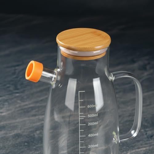 Borosilikat Cam Yağlık - Bambu Kapaklı ve Ölçü Çizgili Sirkelik | Damlatmaz Ağızlı, Dayanıklı, Kurşunsuz Yağdanlık (1000 ml)