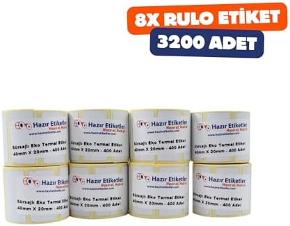 hazır al hızlı al Eko Termal Etiket(Sürsajlı) 40mm x 20mm Toplam 3200 Adet 8 Rulo, Ruloda 400 lü Sarılmış 40mm Çapında Örtücü Kapatma Etiketi Taşınabilir Barkod Yazıcılar ile Uyumlu