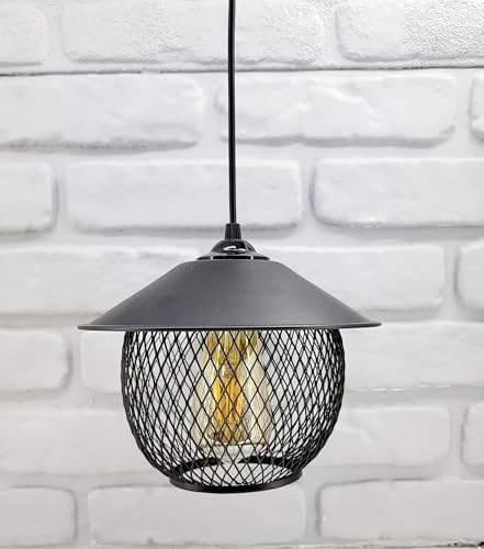 Siyah Endüstriyel Şapkalı Hasır Tel Küre Model Cafe Restaurant Tekli Sarkıt Avize Aydınlatma