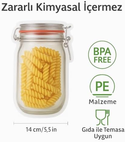4'lü Kilitli Saklama Poşeti, Kavanoz Görünümlü | 500 ML | Gıda Saklama, Baharat, Kurabiye, Makarna, Atıştırmalık İçin Uygun | PE Malzeme | Zararlı Kimyasal İçermez