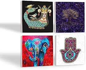 Hayat Ağacı, Fil, Fatma Ana Eli , Şahmeran Taş Bardak Altlığı Seti - 4 Parça - Dekoratif, Rustik Mutfak Aksesuarı, 10x10 cm, Kaydırmaz Tabanlı, Şık ve Dayanıklı SC252