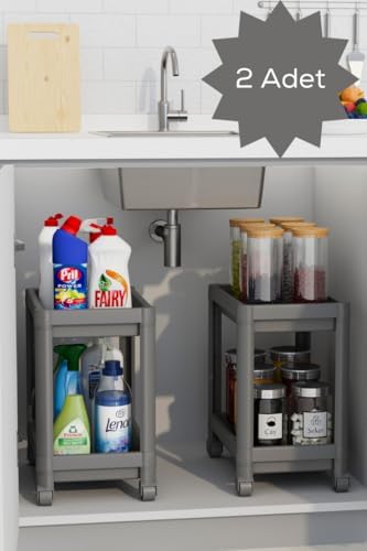 Life 2 Adet 2 Katlı Tekerlekli Tezgah Altı Gri Banyo Mutfak Rafı MIT1124