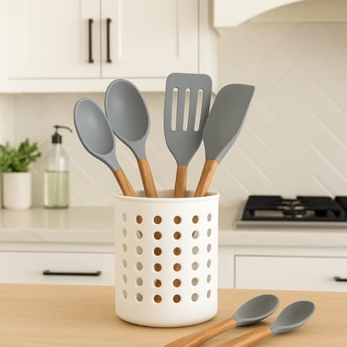 Beyaz Kaşıklık Beyaz Silindir Plastik Kaşıklık – Modern Delikli Tasarım, Hava Geçişli Dayanıklı Mutfak Düzenleyici Kaşıklık