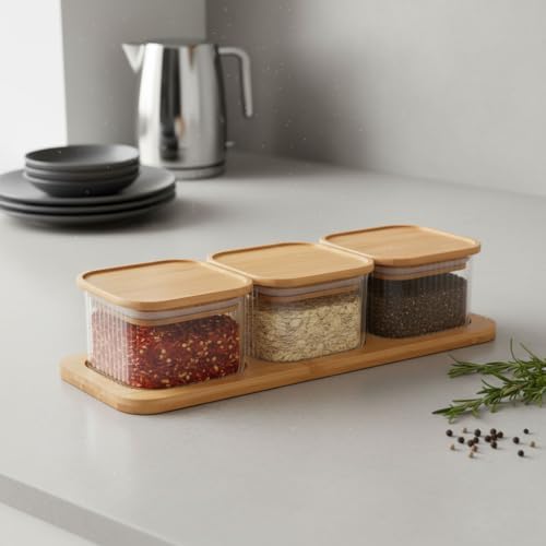 3'lü Bambu Kapaklı Cam Kahvaltılık ve Kuruyemişlik, 7 Parça Tepsili Kahvaltı ve Çerezlik Seti, Vakumlu Kapak