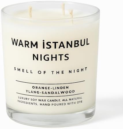 Warm Istanbul Nights | Premium Soya Mumu | 12 oz, 3 Fitilli, 45+ Saat Yanma süresi | Portakal, Ihlamur, Ylang & Sandal Ağacı | Organik Pamuk Fitil | Şık Cam içinde