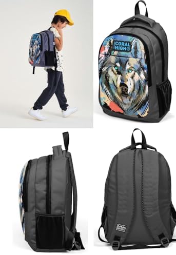 Siyah Kurt Desenli İlkokul ve Ortaokul Sırt Çantası Üç Bölmeli Erkek Çocuk