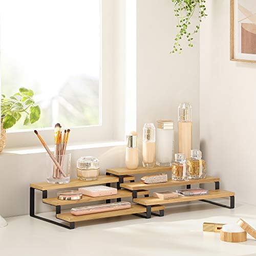 baharat rafları, mutfak rafları, ayaklı, mutfak düzenleyici, 2'li set, bambu, her biri 3 raflı, uzatılabilir, istiflenebilir, kiler, tezgah, mutfak dolabı, natürel-siyah KCS016N01