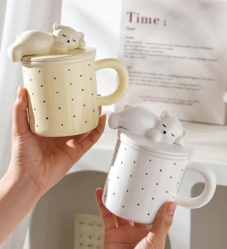 Ayıcık Figürlü Nokta Desenli Kapaklı Seramik Kupa