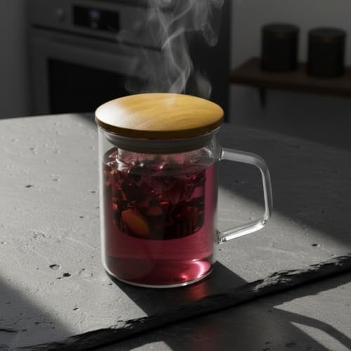 Bambu Kapaklı Cam Süzgeçli Kupa 350 ml | Bitki Çayı, Demleme Çay ve Kahve Kupası | Borosilikat Dayanıklı Cam | Düz Model