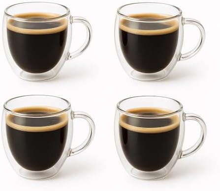 Çift Katmanlı 4'lü Espresso Cam Bardak Seti 80 ml & Tabak – 4’lü Set | Borosilikat Cam, Isı Yalıtımı, Bulaşık Makinesi Uyumlu, Türk Kahvesi Ristretto Macchiato İçin