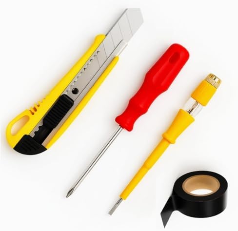 4’lü Profesyonel El Aletleri Seti – Dayanıklı Sarı Bıçağı (Kesici), Elektrikçi Kontrol Kalemi (Tester Kalem), Siyah PVC Elektrik Bandı (İzole Bant) – Kablo Onarımı, Elektrik Tamiri, Kablo Düzenl