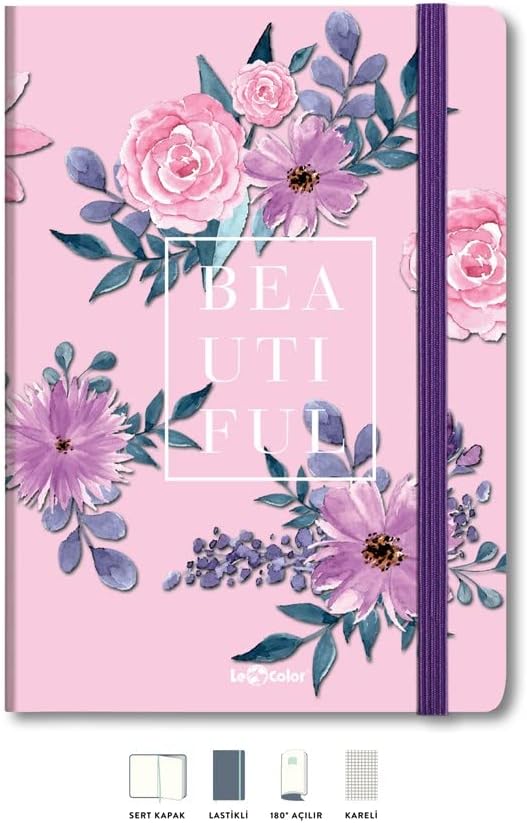 Le Çiçekli Defter Kareli Pembe 17x24 cm