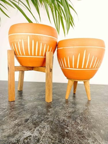 Bitki Tasarımı Ev Dekorasyon Dik Çizgi Desenli Terrakota Toprak Saksı Salon Çiçeklik İkili Set 3 Ayaklı- 4 Ayaklı-15 Cm