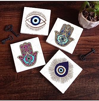 Nazar, Fatma Ana Eli  Taş Bardak Altlığı Seti - 4 Parça - Dekoratif, Rustik Mutfak Aksesuarı, 10x10 cm, Kaydırmaz Tabanlı, Şık ve Dayanıklı SC402