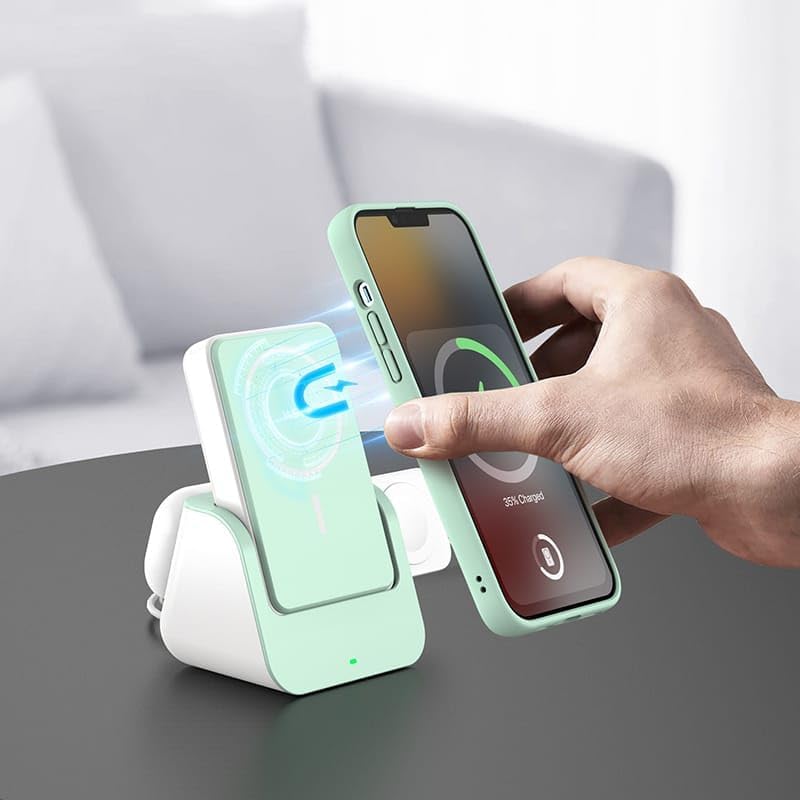 WST KABLOSUZ ŞARJ SETİ 10000MH POWERBANK MAGSAFE ile uyumlu STAND OLABİLİR SAAT VE AİRPODS KULAKLIK ŞARJ EDEBİLİR PORTATİF SÖKÜLÜP TEK TEK KULLANILABİLİR (ZÜMRÜT YEŞİL)