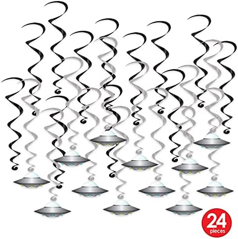 24 Parça Uçan Tabak Whirls Dış Mekan Süslemeleri Uzaylı Parti Malzemeleri Asılı Spiraller, 44,5 cm - 63,5 cm, Siyah/Gümüş/Beyaz/Mavi/Yeşil