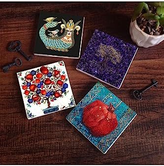 Hayat Ağacı, Şahmeran, Nar Ağacı, Nar Taş Bardak Altlığı Seti - 4 Parça - Dekoratif, Rustik Mutfak Aksesuarı, 10x10 cm, Kaydırmaz Tabanlı, Şık ve Dayanıklı SC253