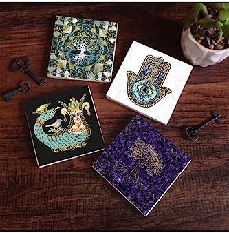 Hayat Ağacı, Şahmeran, Fatma Ana Eli  Taş Bardak Altlığı Seti - 4 Parça - Dekoratif, Rustik Mutfak Aksesuarı, 10x10 cm, Kaydırmaz Tabanlı, Şık ve Dayanıklı SC482