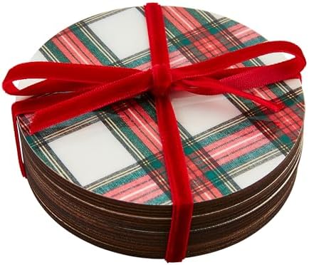 Mud Pie Tartan Lake Bardak Altlığı, Beyaz, 4" Çap