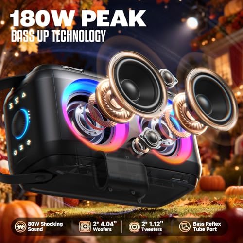 Bluetooth hoparlör, W-KING 80W taşınabilir kablosuz hoparlör kutusu müzik kutusu, güçlü bas, güçlü 105db ses, karışık renkli LED ışıkları, USB çalma, 24 saat çalma süresi