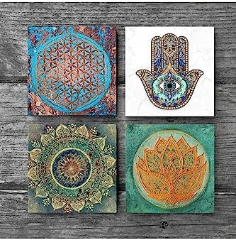 Mandala, Yaşam Çiçeği, Çiçeği, Fatma Ana Eli  Taş Bardak Altlığı Seti - 4 Parça - Dekoratif, Rustik Mutfak Aksesuarı, 10x10 cm, Kaydırmaz Tabanlı, Şık ve Dayanıklı SC212